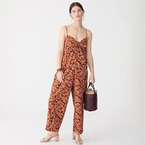 J. Crew Jumpsuit Vintage Vines Cottage Tank Top Flowy Floral Brown Fall Boho 2 - Picture 1 of 5